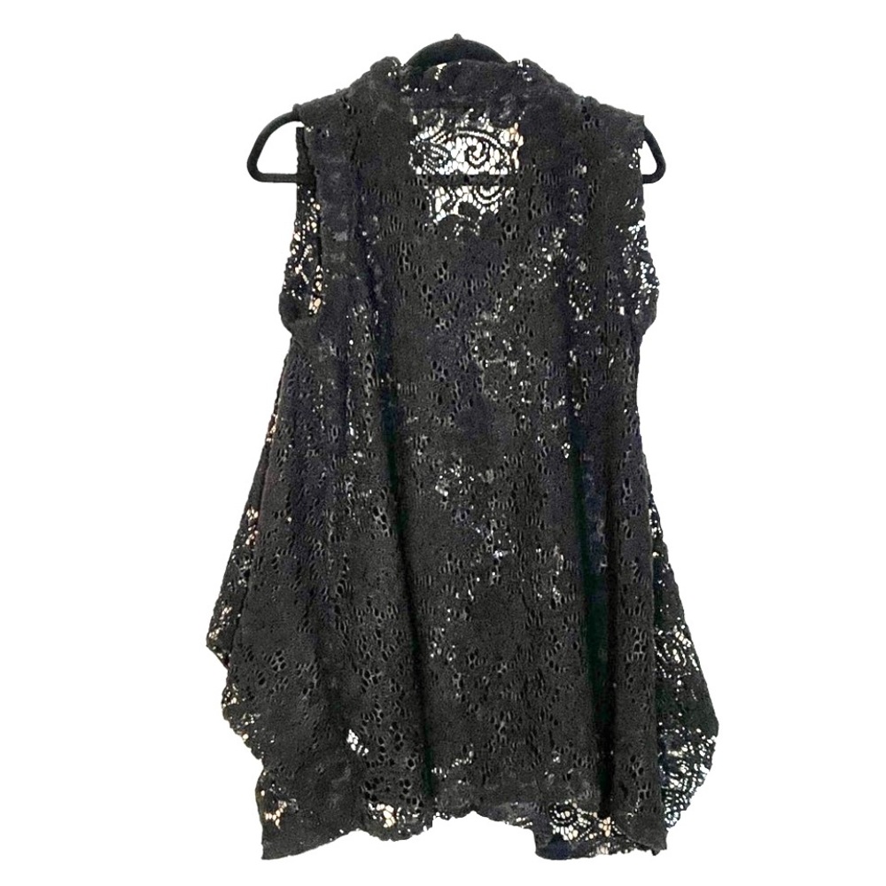 Sold Gracia sleeveless tunic, heavy sheer black lace, trimmed v-neck, SzS